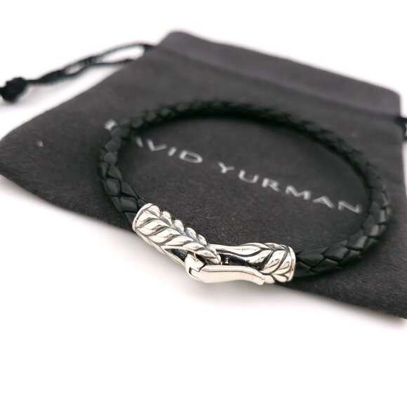 DAVID YURMAN Sterling Silver 925 Black Leather Chevron Woven Bracelet 8" Inch